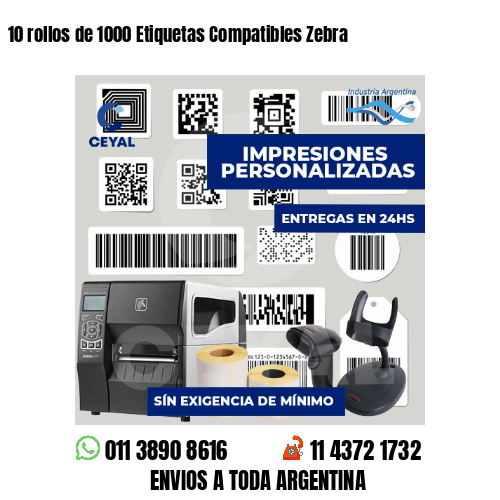 10 rollos de 1000 Etiquetas Compatibles Zebra