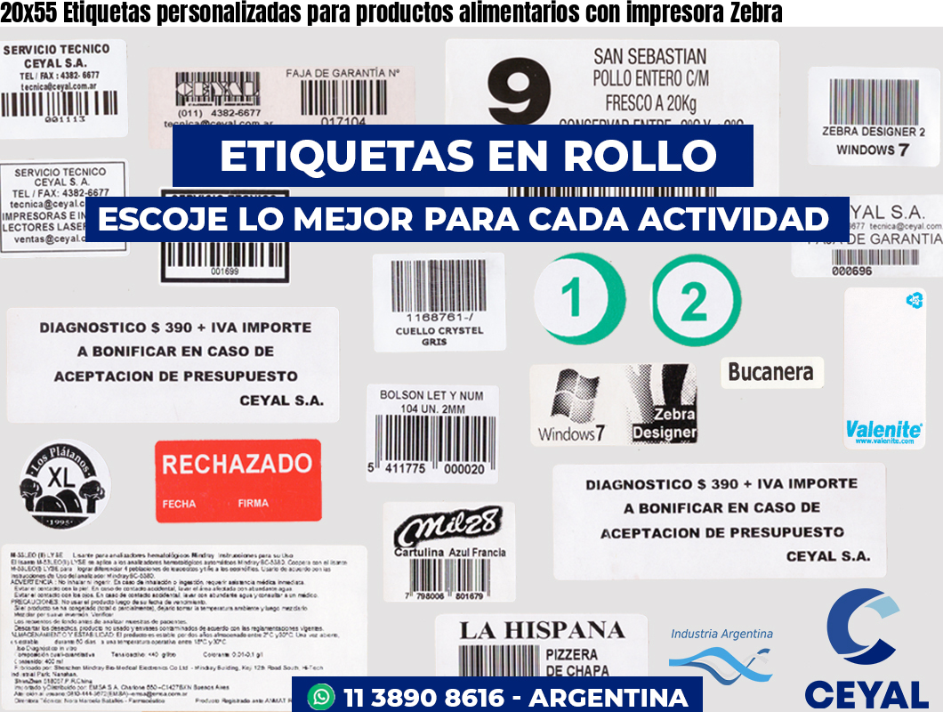 20×55 Etiquetas personalizadas para productos alimentarios con impresora Zebra