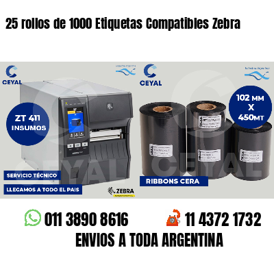 25 rollos de 1000 Etiquetas Compatibles Zebra