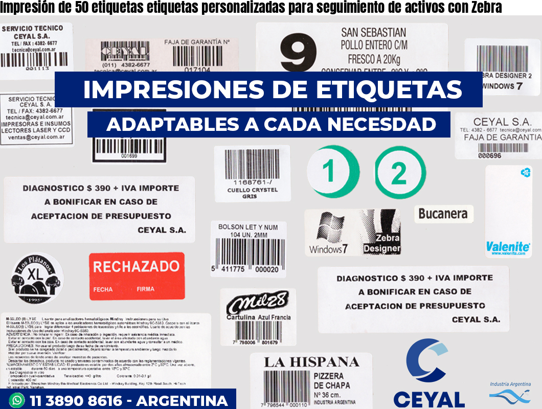 Impresión de 50 etiquetas etiquetas personalizadas para seguimiento de activos con Zebra