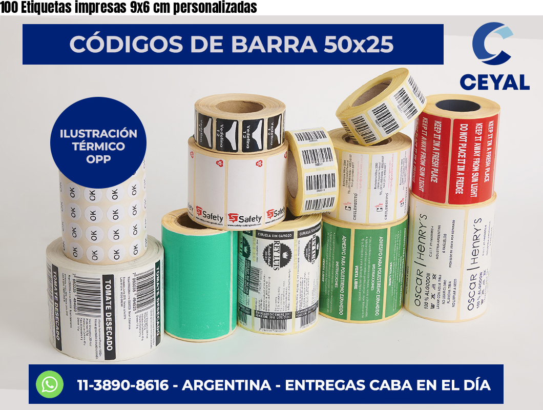 100 Etiquetas impresas 9×6 cm personalizadas