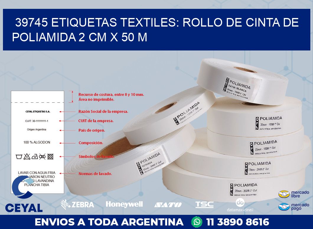 39745 ETIQUETAS TEXTILES: ROLLO DE CINTA DE POLIAMIDA 2 CM X 50 M