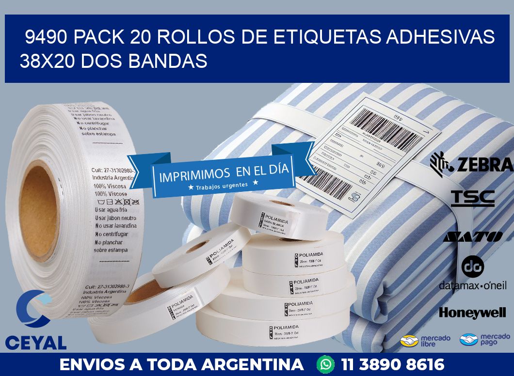 9490 PACK 20 ROLLOS DE ETIQUETAS ADHESIVAS 38X20 DOS BANDAS