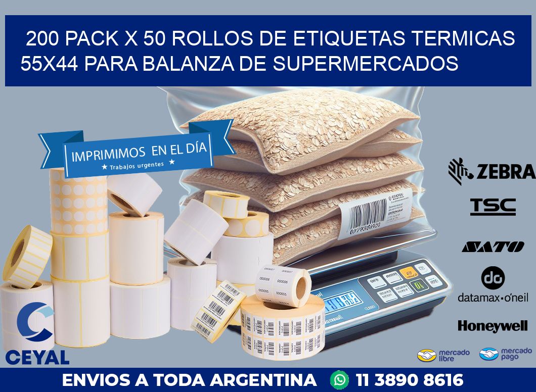 200 PACK X 50 ROLLOS DE ETIQUETAS TERMICAS 55X44 PARA BALANZA DE SUPERMERCADOS