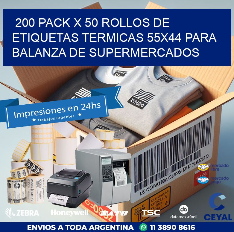 200 PACK X 50 ROLLOS DE ETIQUETAS TERMICAS 55X44 PARA BALANZA DE SUPERMERCADOS