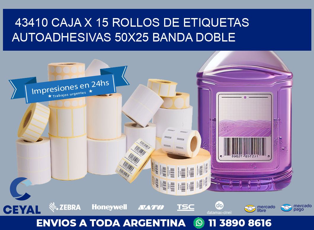 43410 CAJA X 15 ROLLOS DE ETIQUETAS AUTOADHESIVAS 50X25 BANDA DOBLE