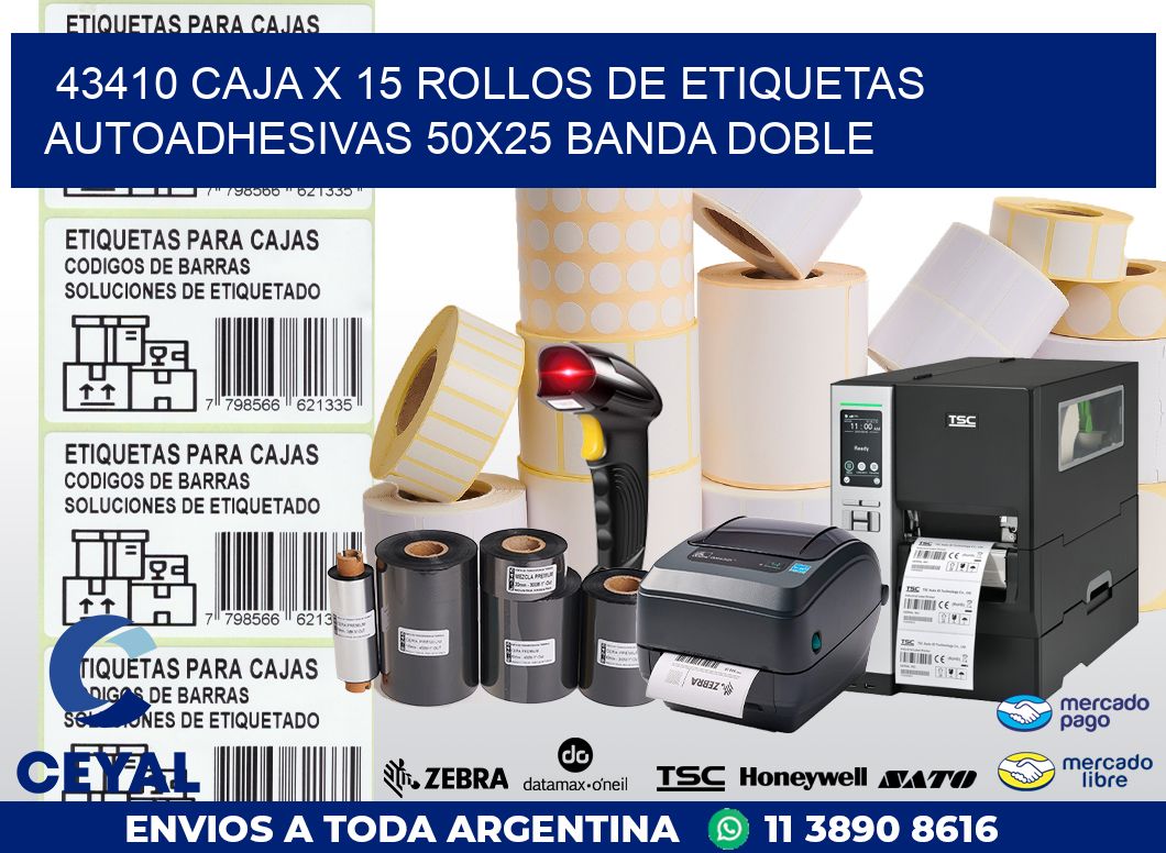 43410 CAJA X 15 ROLLOS DE ETIQUETAS AUTOADHESIVAS 50X25 BANDA DOBLE