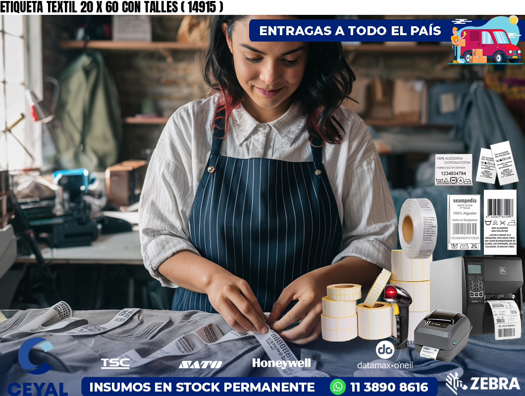 ETIQUETA TEXTIL 20 X 60 CON TALLES ( 14915 )