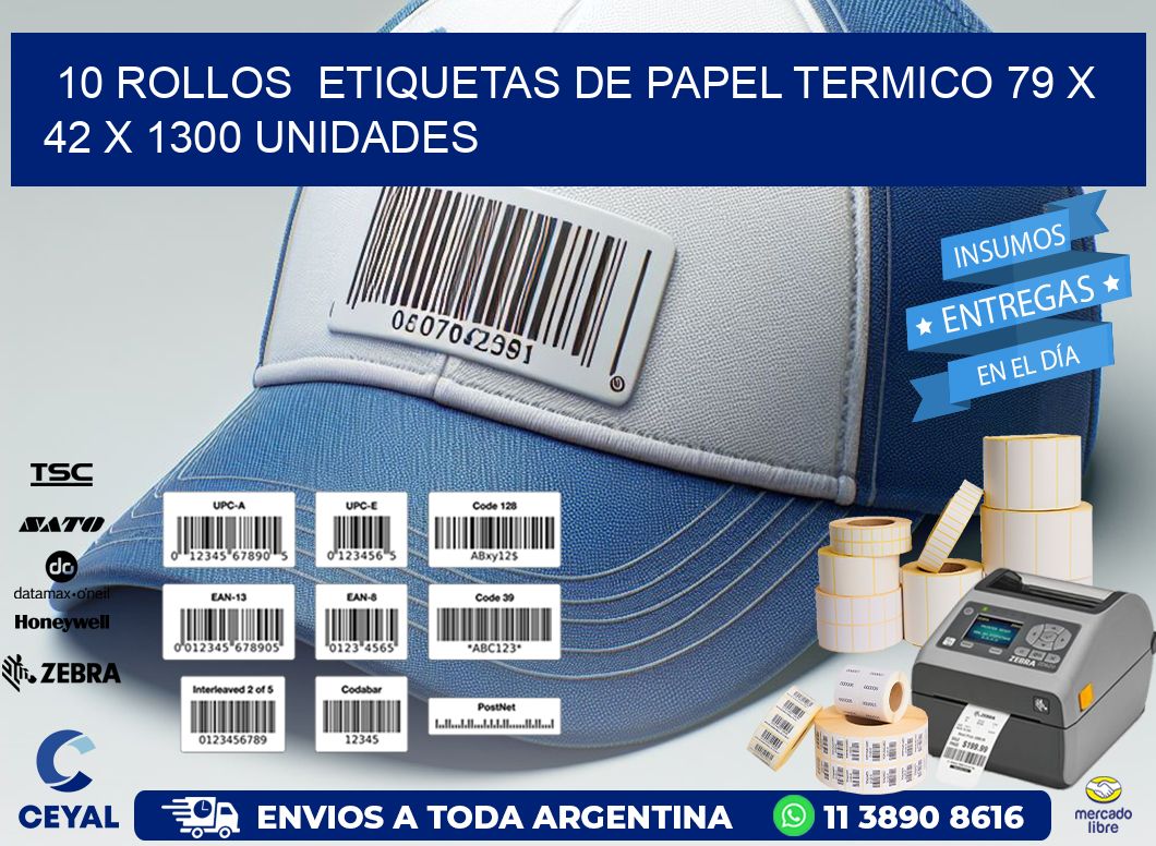 10 ROLLOS  ETIQUETAS DE PAPEL TERMICO 79 x 42 X 1300 UNIDADES