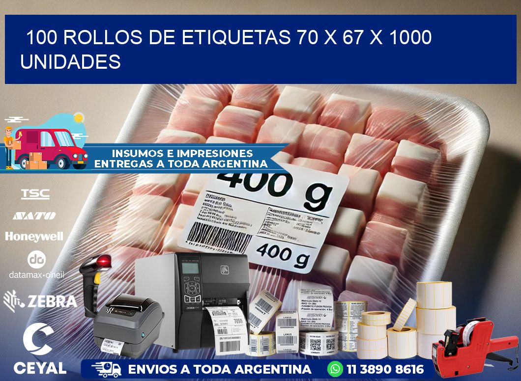 100 ROLLOS DE ETIQUETAS 70 x 67 X 1000 UNIDADES