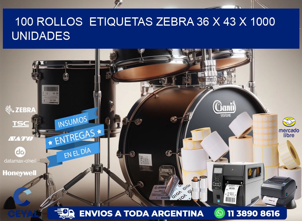 100 ROLLOS  ETIQUETAS ZEBRA 36 x 43 X 1000 UNIDADES
