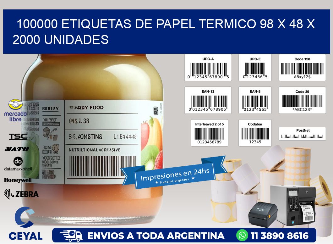 100000 ETIQUETAS DE PAPEL TERMICO 98 x 48 X 2000 UNIDADES