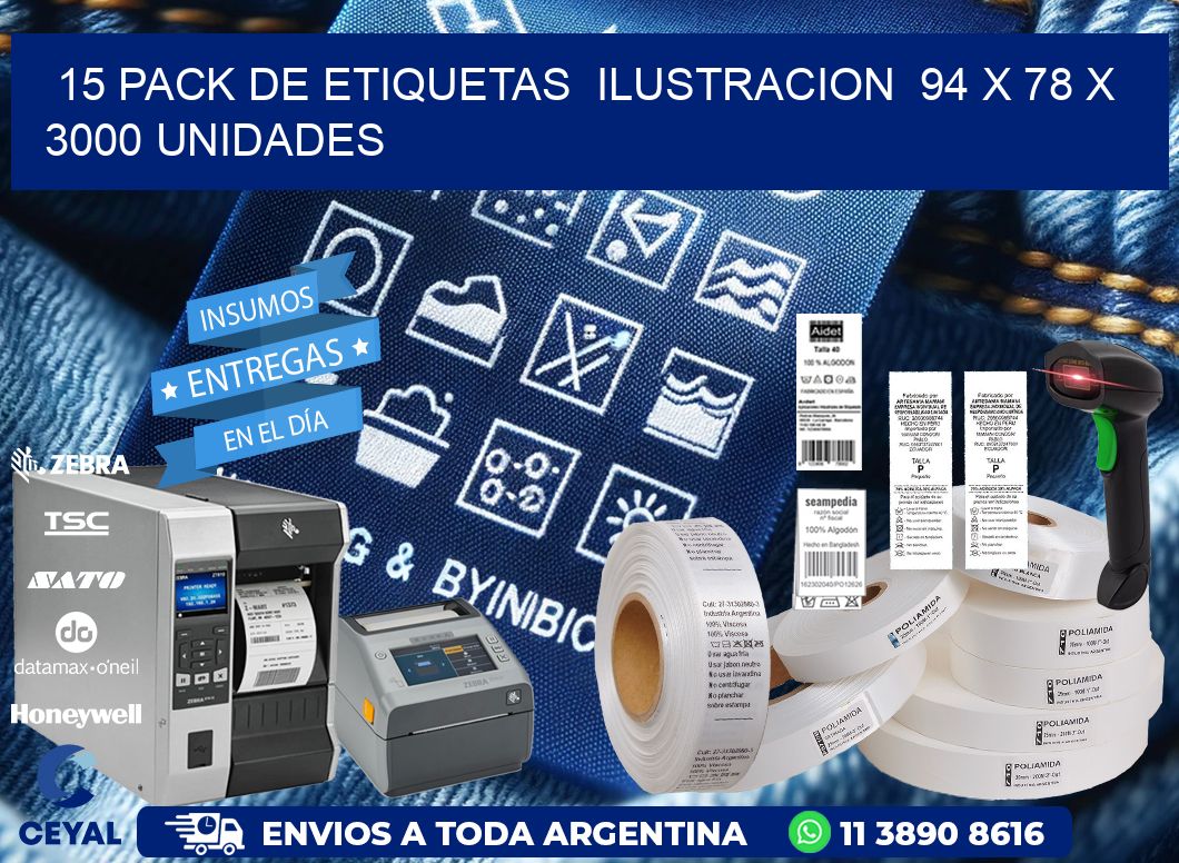 15 PACK DE ETIQUETAS  ILUSTRACION  94 x 78 X 3000 UNIDADES