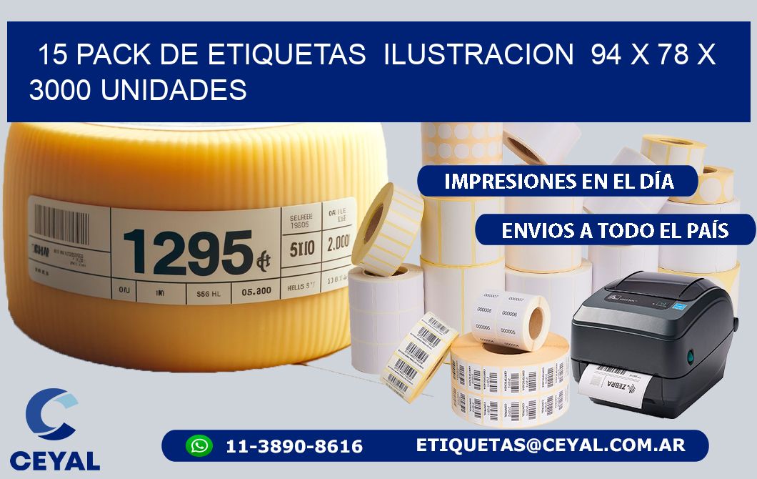 15 PACK DE ETIQUETAS  ILUSTRACION  94 x 78 X 3000 UNIDADES