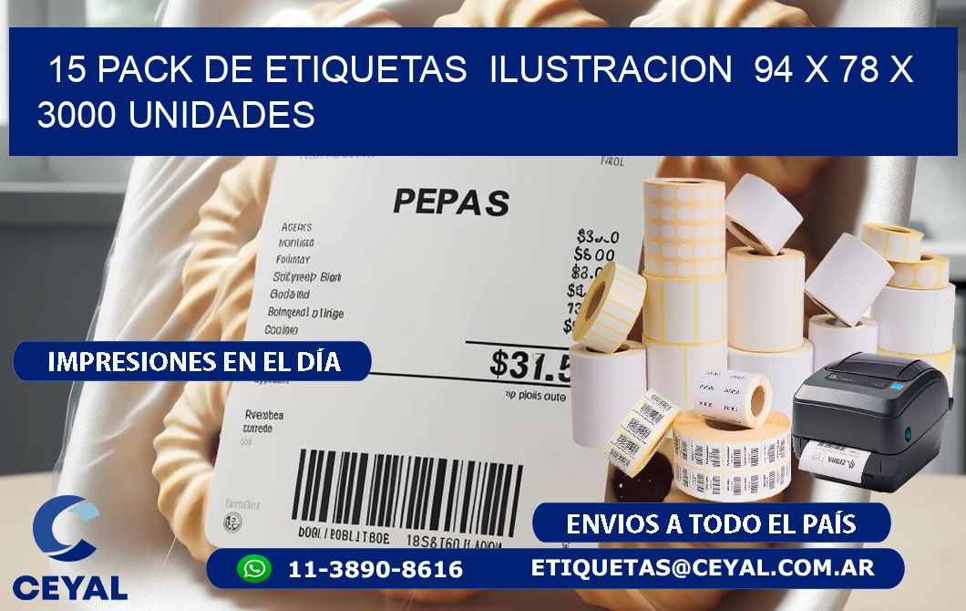 15 PACK DE ETIQUETAS  ILUSTRACION  94 x 78 X 3000 UNIDADES