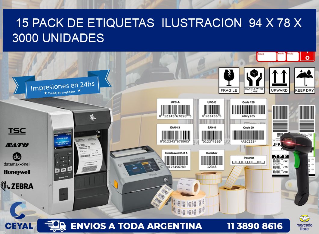 15 PACK DE ETIQUETAS  ILUSTRACION  94 x 78 X 3000 UNIDADES