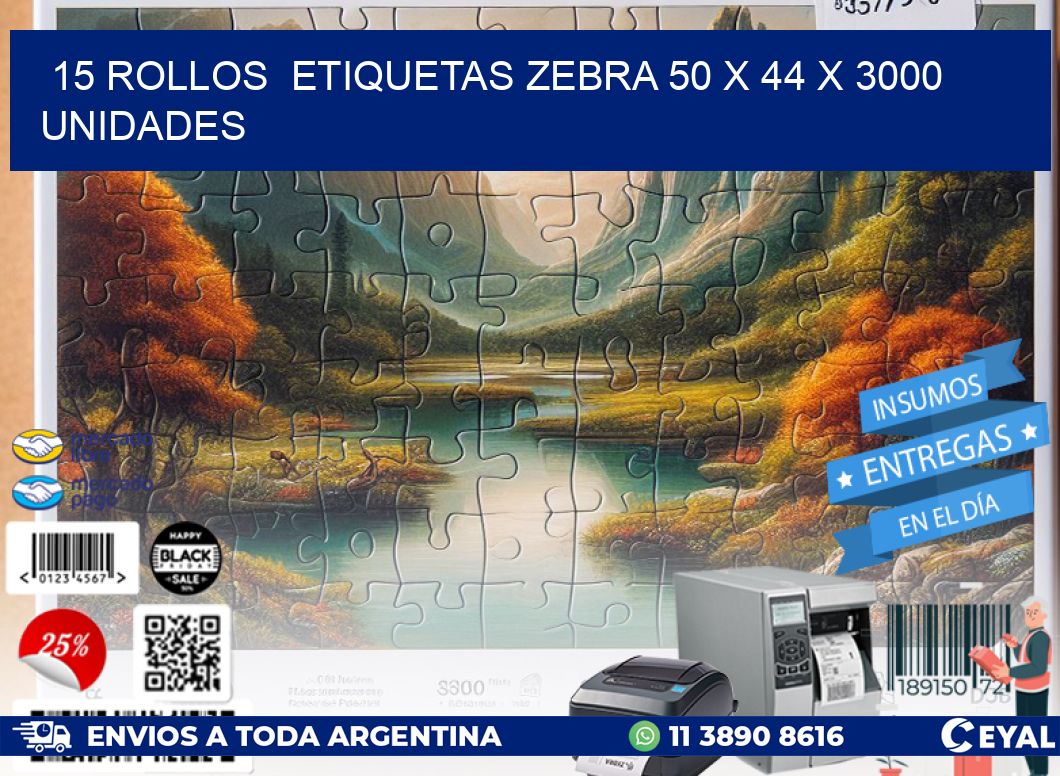 15 ROLLOS  ETIQUETAS ZEBRA 50 x 44 X 3000 UNIDADES