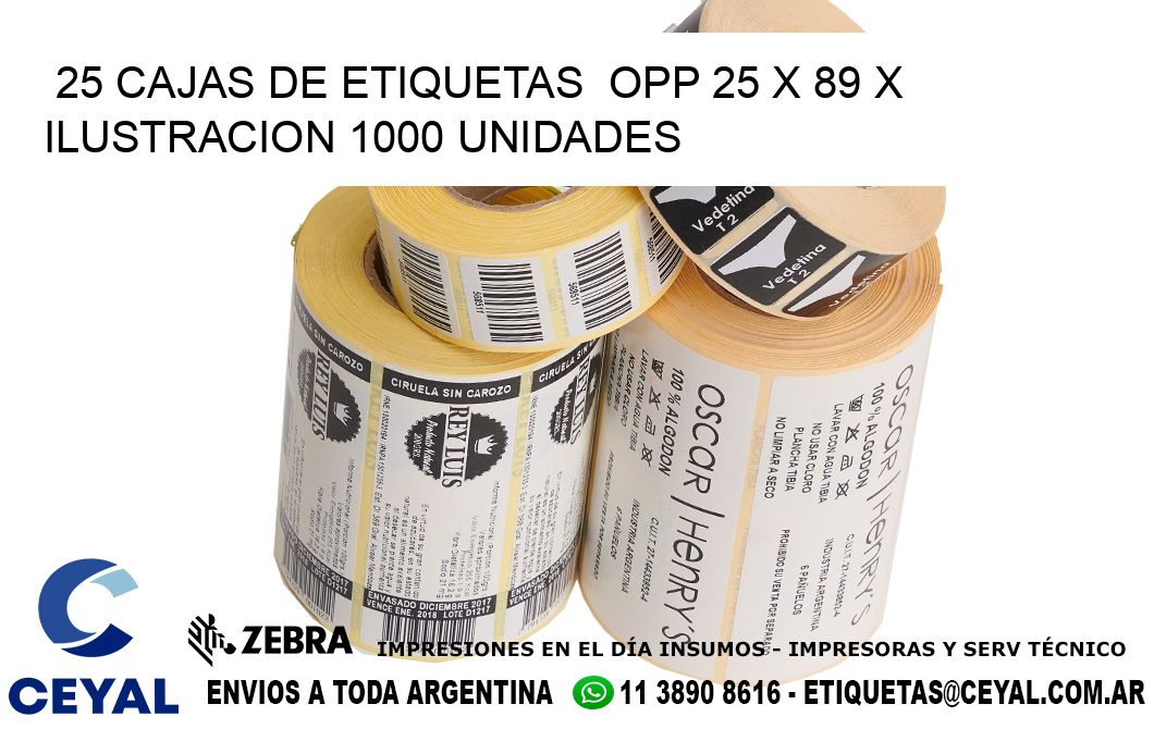 25 CAJAS DE ETIQUETAS  OPP 25 x 89 X ILUSTRACION 1000 UNIDADES