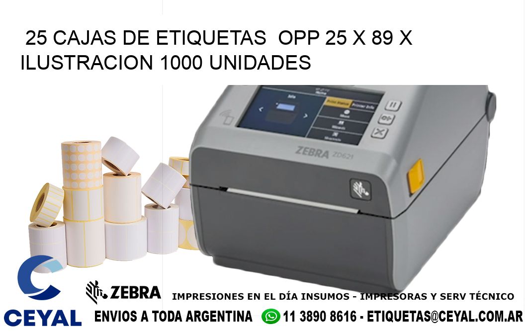 25 CAJAS DE ETIQUETAS  OPP 25 x 89 X ILUSTRACION 1000 UNIDADES