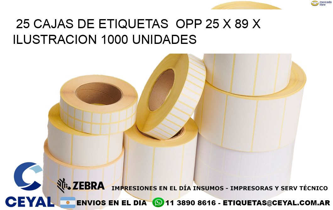 25 CAJAS DE ETIQUETAS  OPP 25 x 89 X ILUSTRACION 1000 UNIDADES