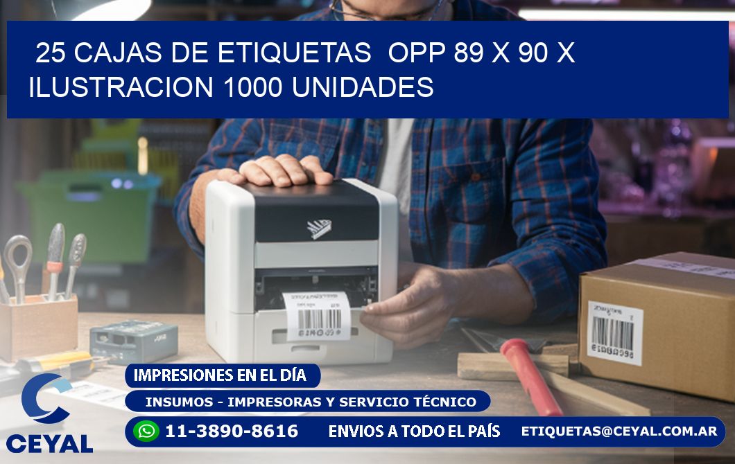 25 CAJAS DE ETIQUETAS  OPP 89 x 90 X ILUSTRACION 1000 UNIDADES