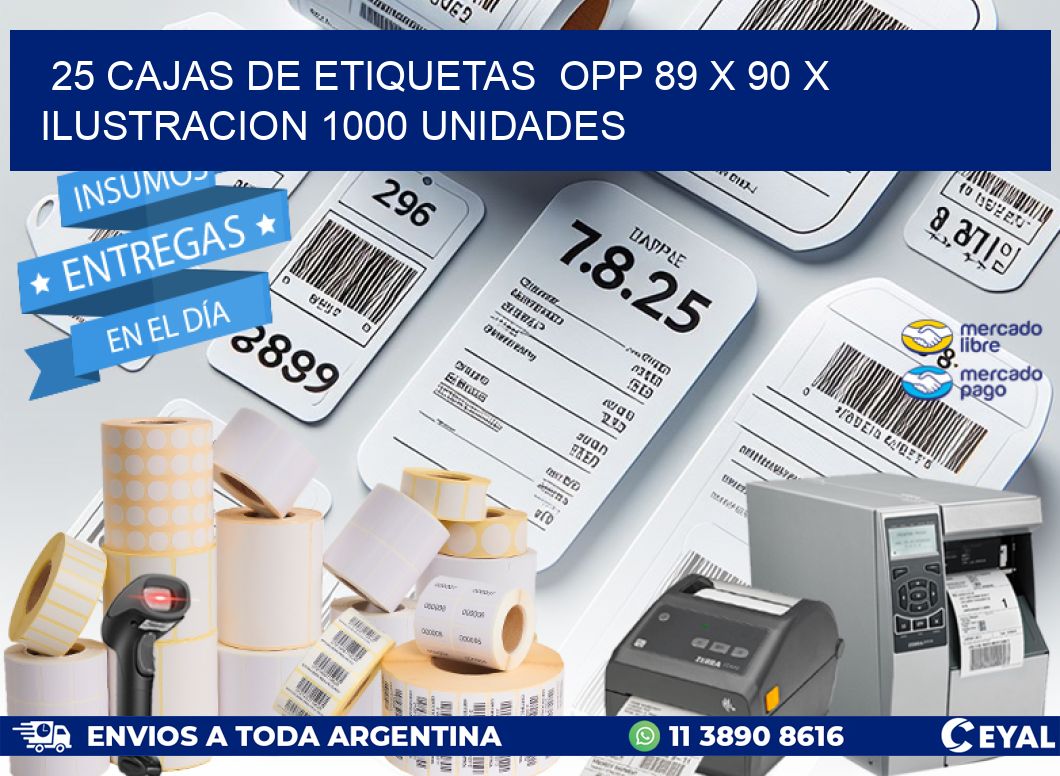 25 CAJAS DE ETIQUETAS  OPP 89 x 90 X ILUSTRACION 1000 UNIDADES