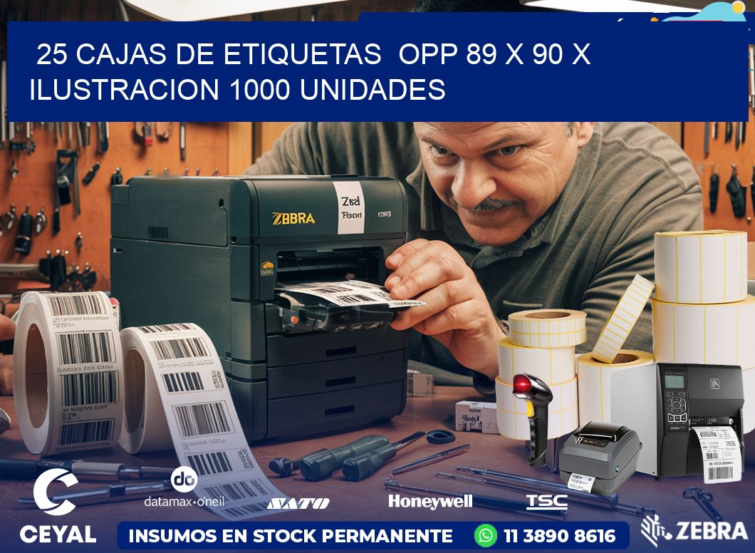 25 CAJAS DE ETIQUETAS  OPP 89 x 90 X ILUSTRACION 1000 UNIDADES