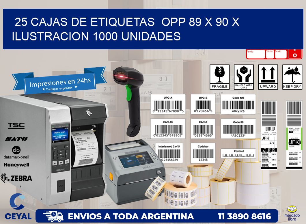 25 CAJAS DE ETIQUETAS  OPP 89 x 90 X ILUSTRACION 1000 UNIDADES