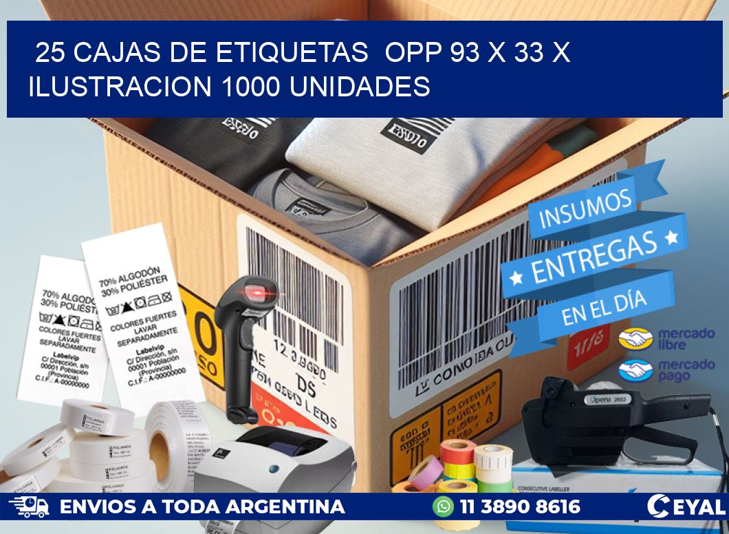 25 CAJAS DE ETIQUETAS  OPP 93 x 33 X ILUSTRACION 1000 UNIDADES