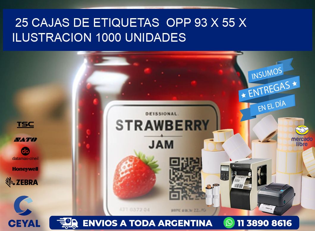 25 CAJAS DE ETIQUETAS  OPP 93 x 55 X ILUSTRACION 1000 UNIDADES