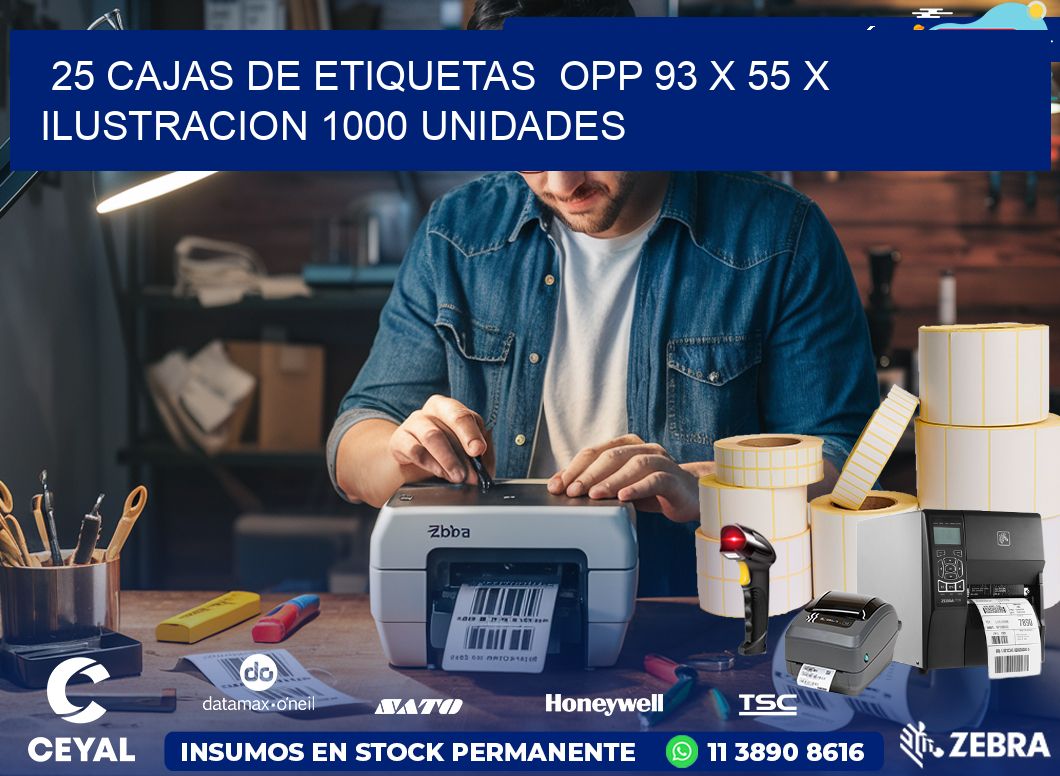 25 CAJAS DE ETIQUETAS  OPP 93 x 55 X ILUSTRACION 1000 UNIDADES