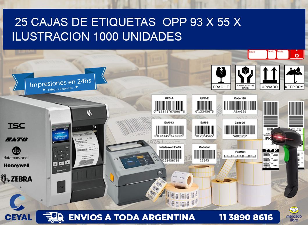 25 CAJAS DE ETIQUETAS  OPP 93 x 55 X ILUSTRACION 1000 UNIDADES