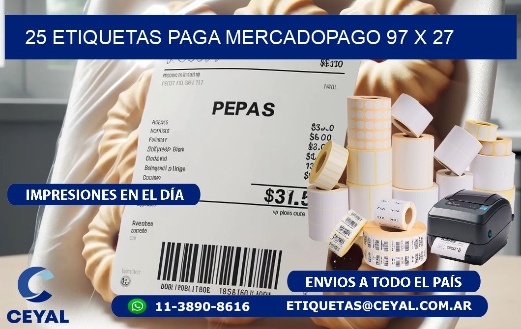 25 ETIQUETAS PAGA MERCADOPAGO 97 x 27