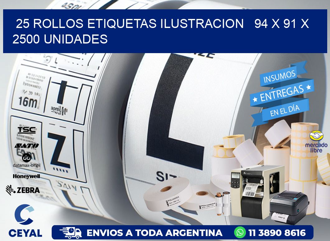 25 ROLLOS ETIQUETAS ILUSTRACION   94 x 91 X 2500 UNIDADES