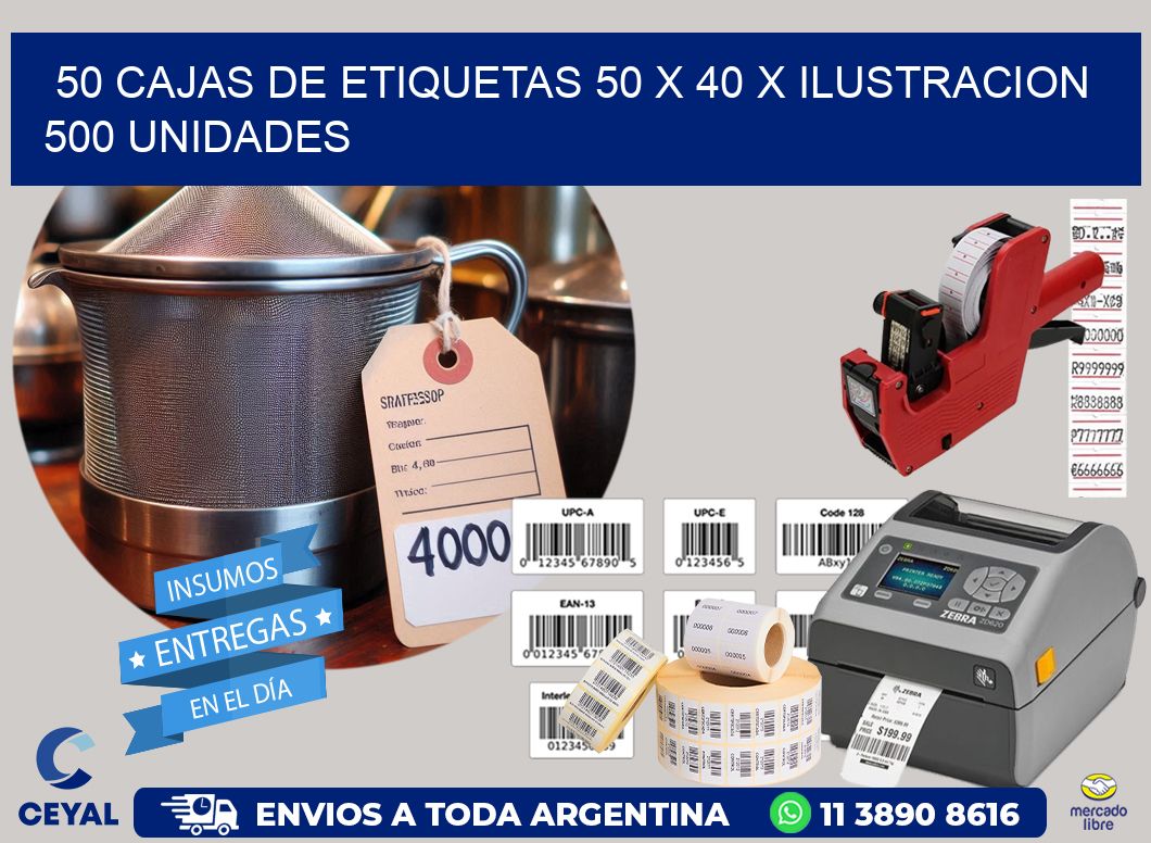 50 CAJAS DE ETIQUETAS 50 x 40 X ILUSTRACION 500 UNIDADES