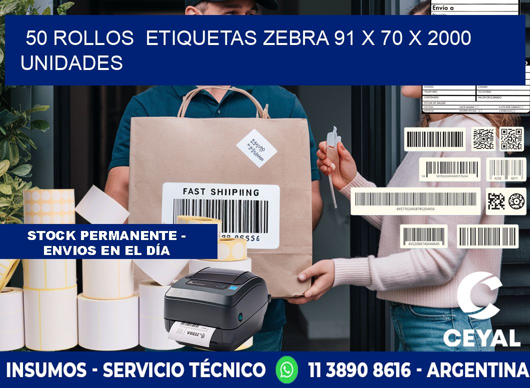 50 ROLLOS  ETIQUETAS ZEBRA 91 x 70 X 2000 UNIDADES