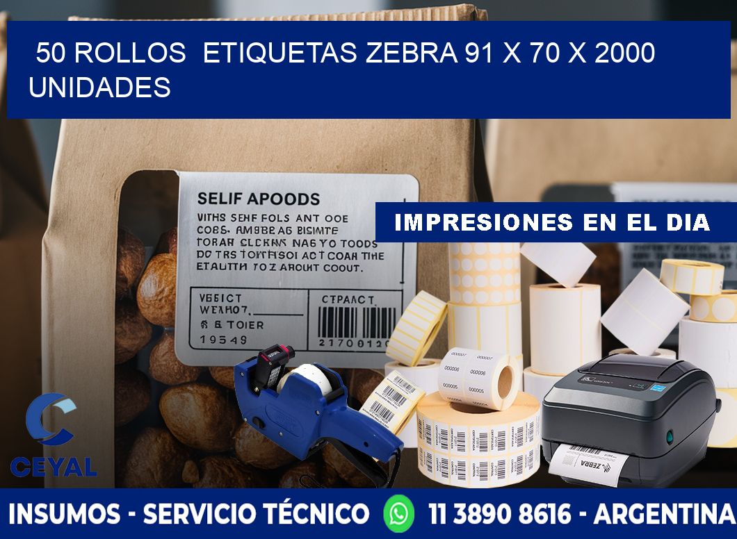 50 ROLLOS  ETIQUETAS ZEBRA 91 x 70 X 2000 UNIDADES