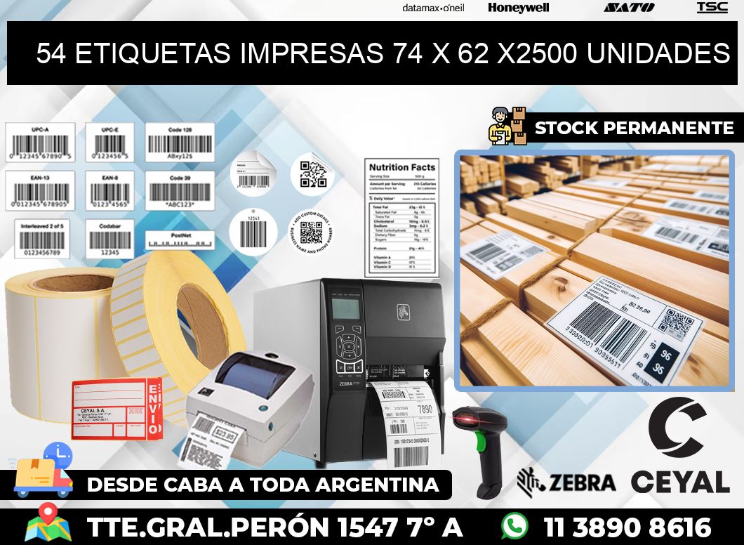 54 ETIQUETAS IMPRESAS 74 x 62 X2500 UNIDADES