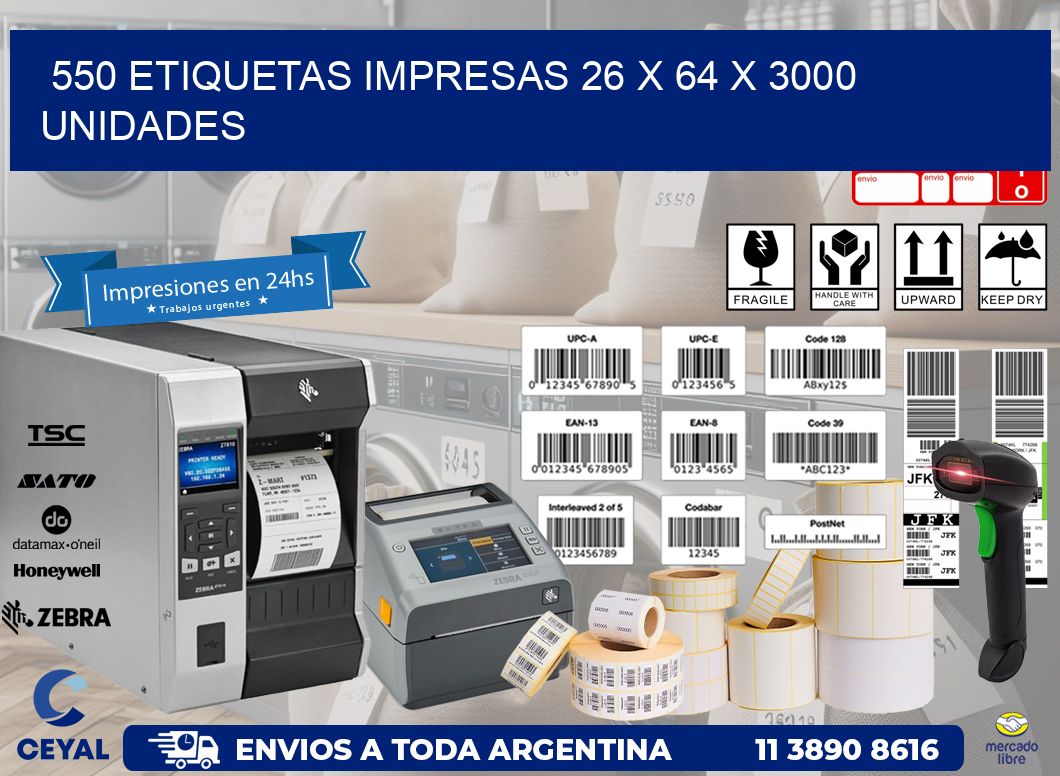 550 ETIQUETAS IMPRESAS 26 x 64 X 3000 UNIDADES