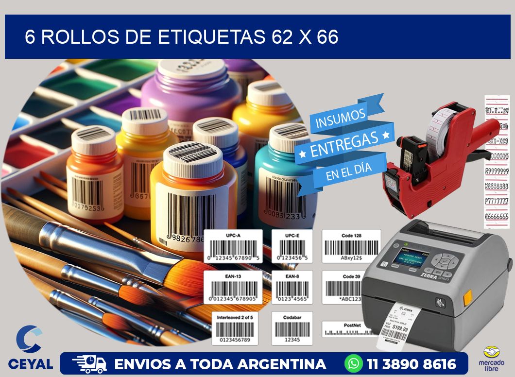 6 ROLLOS DE ETIQUETAS 62 x 66