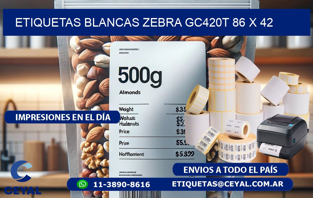 ETIQUETAS BLANCAS ZEBRA GC420T 86 x 42
