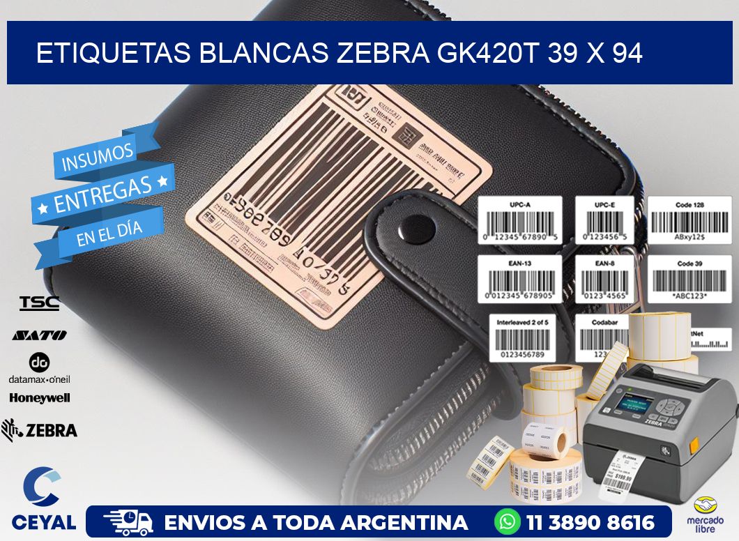 ETIQUETAS BLANCAS ZEBRA GK420T 39 x 94