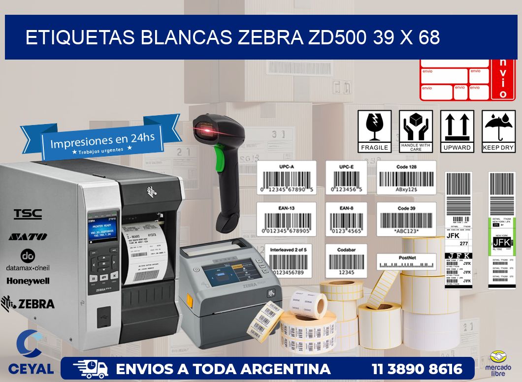 ETIQUETAS BLANCAS ZEBRA ZD500 39 x 68