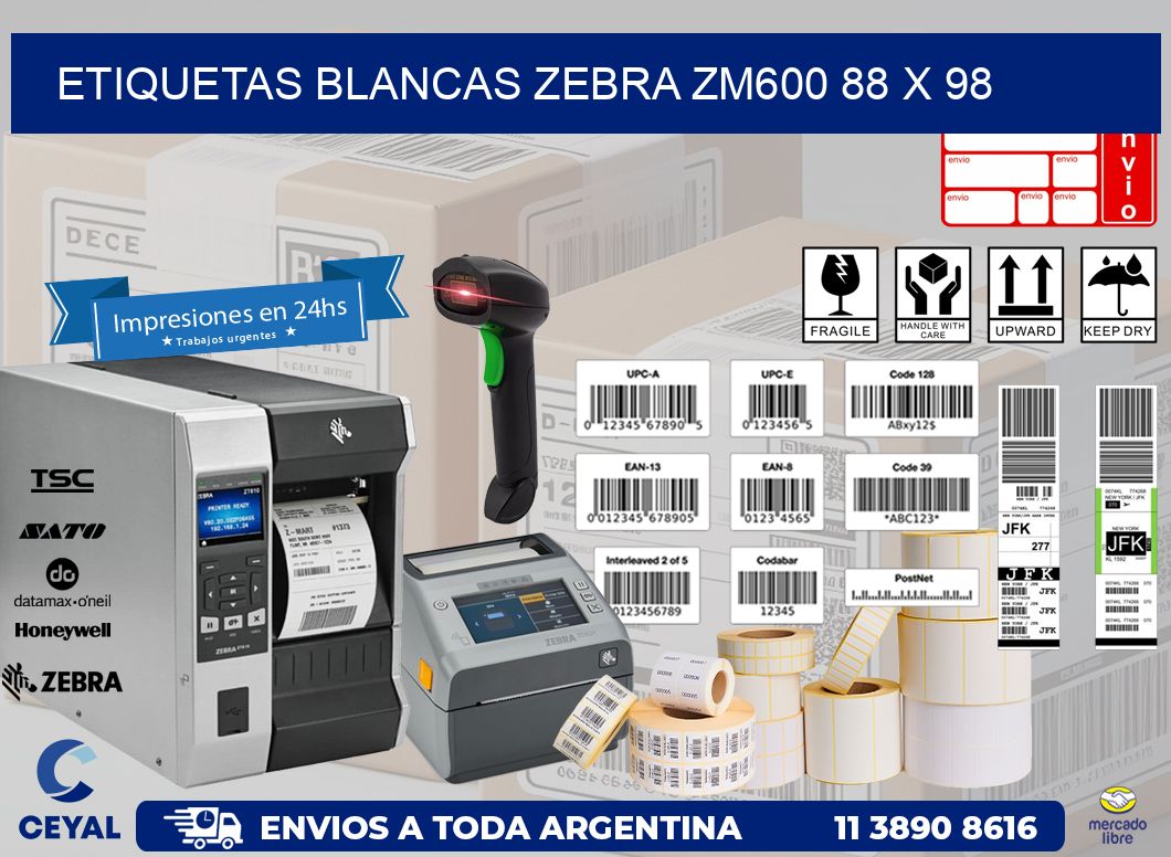 ETIQUETAS BLANCAS ZEBRA ZM600 88 x 98
