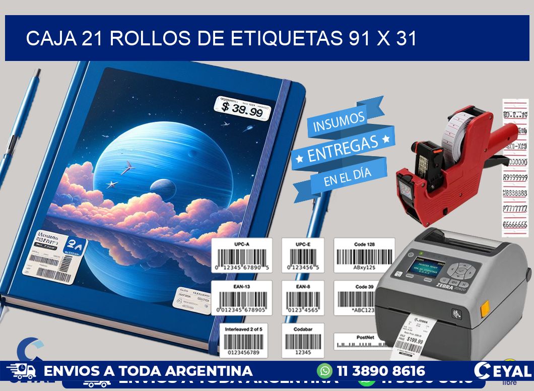 CAJA 21 ROLLOS DE ETIQUETAS 91 x 31