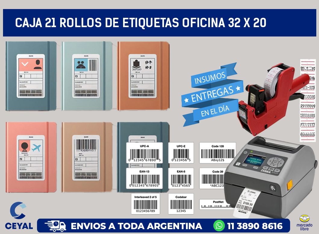 CAJA 21 ROLLOS DE ETIQUETAS OFICINA 32 x 20