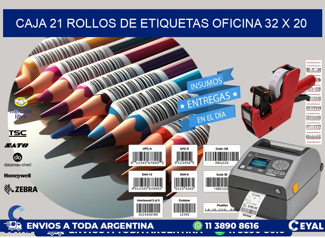 CAJA 21 ROLLOS DE ETIQUETAS OFICINA 32 x 20
