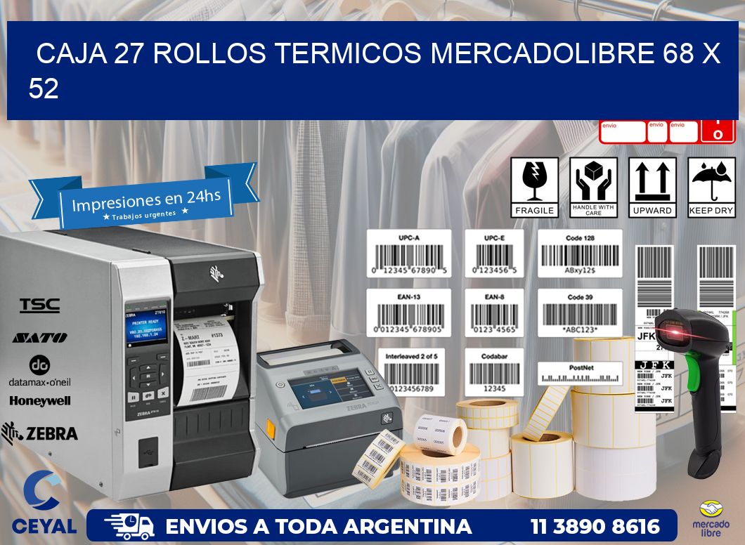 CAJA 27 ROLLOS TERMICOS MERCADOLIBRE 68 x 52