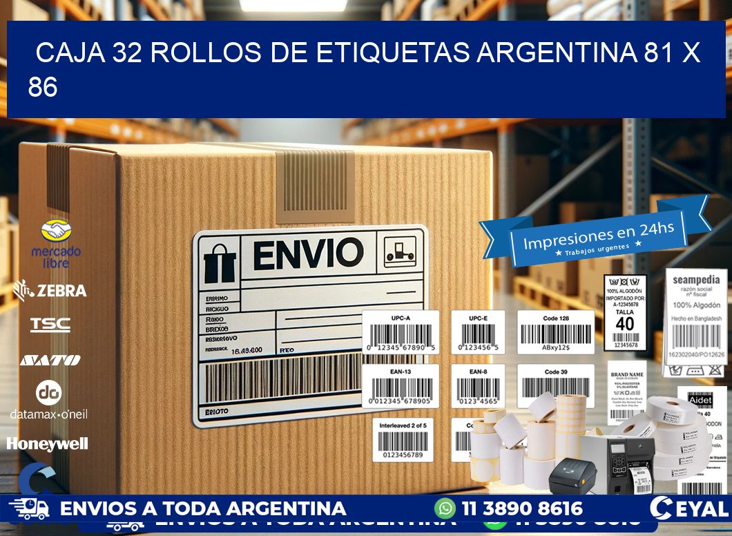 CAJA 32 ROLLOS DE ETIQUETAS ARGENTINA 81 x 86