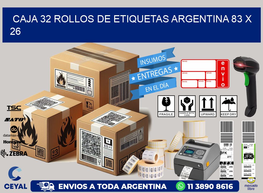 CAJA 32 ROLLOS DE ETIQUETAS ARGENTINA 83 x 26